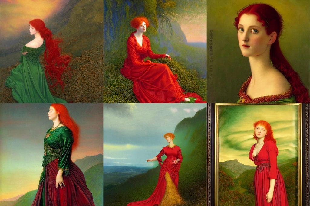 portrait of a red haired woman wearing a green satin dress with fine gold filigree, aesthetic lighting, story, realistic oil painting by gustave dore and alex grey, mountain top above landscape, tsutomu niehi