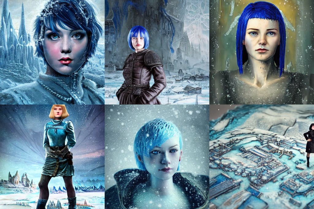 Close-up portrait of kind young woman with short blue hair in a bob cut, post - apocalyptic ice landscape in snowstorm, nostalgic atmosphere, ommatidia eyes, color intricate full page scan blueprint of concept art european machine of war, lord of the rings, sigma art 85mm F1.8, Michael Cheval, goddess, stepping on a miniature city