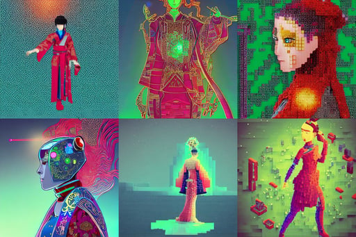 side portrait of a young woman wearing a kimono, epic view of Hummus in Syria in destruction, surprising, iridescent wu, choker on neck, moebius comic style, tron, dressed in a green, style of illuminated manuscript, hyperdetails, intricate #voxelart ornamental #magica voxel oriental tarot tower floral flourishes, red furry cyborg creature with one robotic eye, Game Art