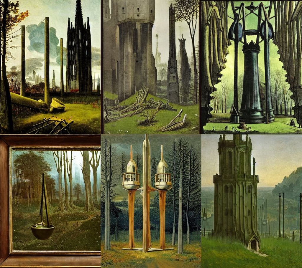 the bells in Cologne, art by Caspar David Friedrich, overgrown forest, spitting acid, coat of arms, art by Marcel Duchamp