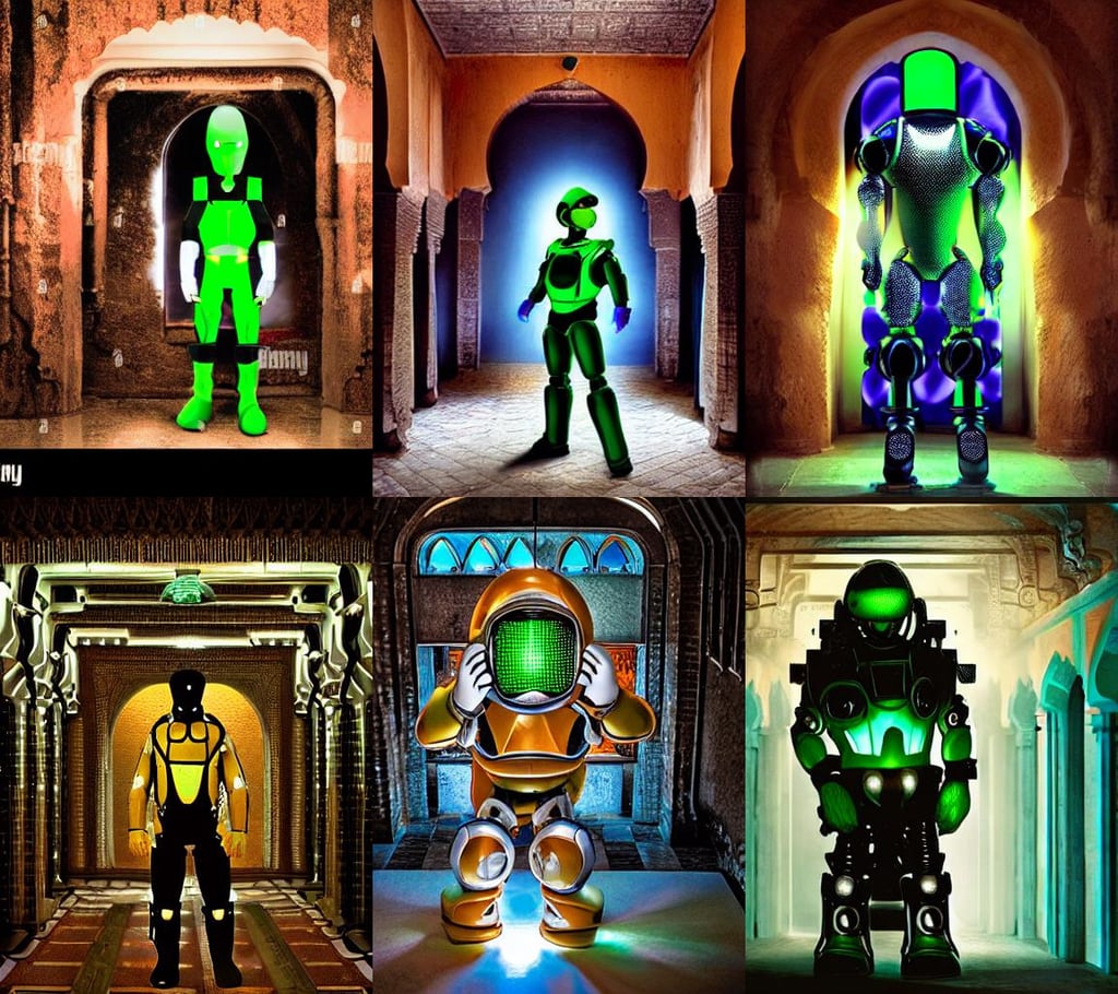 luigi in a mech scifi suit matrix with chrome and small lights by, single flat colour, archways, maliciously. chiaroscuro lighting, hanging tapestries, photo real, photo illustration, morocco, taken from a movie