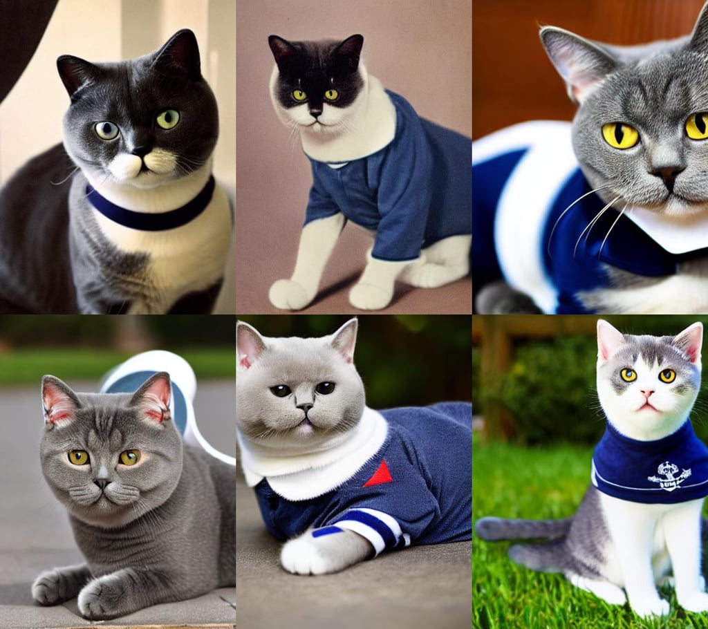 A British shorthair cat wearing a sailor uniform