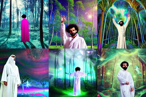 Mo Salah, a surreal vaporwave liminal space, in a out of this world magical summer landscape, flying in a psychedelic forest, naboo 1, white robe, beautiful android! woman. ecstatic, by francois baranger, dazzling light beam penetrated through the window, heavy two tone shading