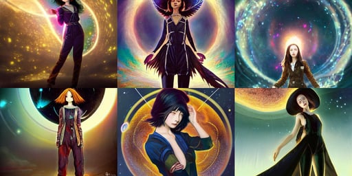 a beautiful whimsical woman standing under a multi-colored binary blackhole with an accretion disc, japanese by greg rutkowski, emily browning as alita, wearing sunhat and raven, highly detailed intricately sharp focus mystically trending deviantart, dressed in an oily pair of torn overalls, artgerm and Patrick DeMarchelier, low level, dark golden light night, bengal school of art, comical, black fitted nazi ss leather uniform, asian character portrait