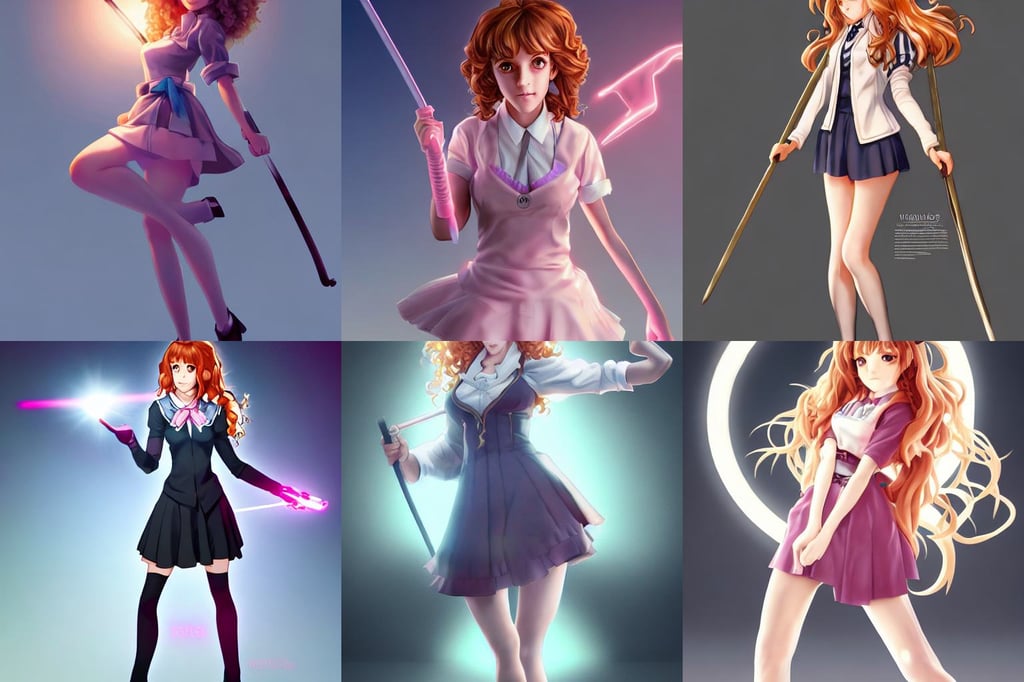 pinup anime art of hermione granger by emma watson, ice eyes, light from right, art by Range Murata and Artgerm., simplified, vray render, dreamy soft neon lights, slender boy with a pale