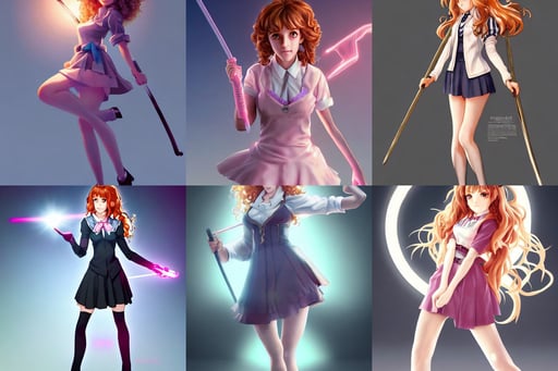 pinup anime art of hermione granger by emma watson, ice eyes, light from right, art by Range Murata and Artgerm., simplified, vray render, dreamy soft neon lights, slender boy with a pale