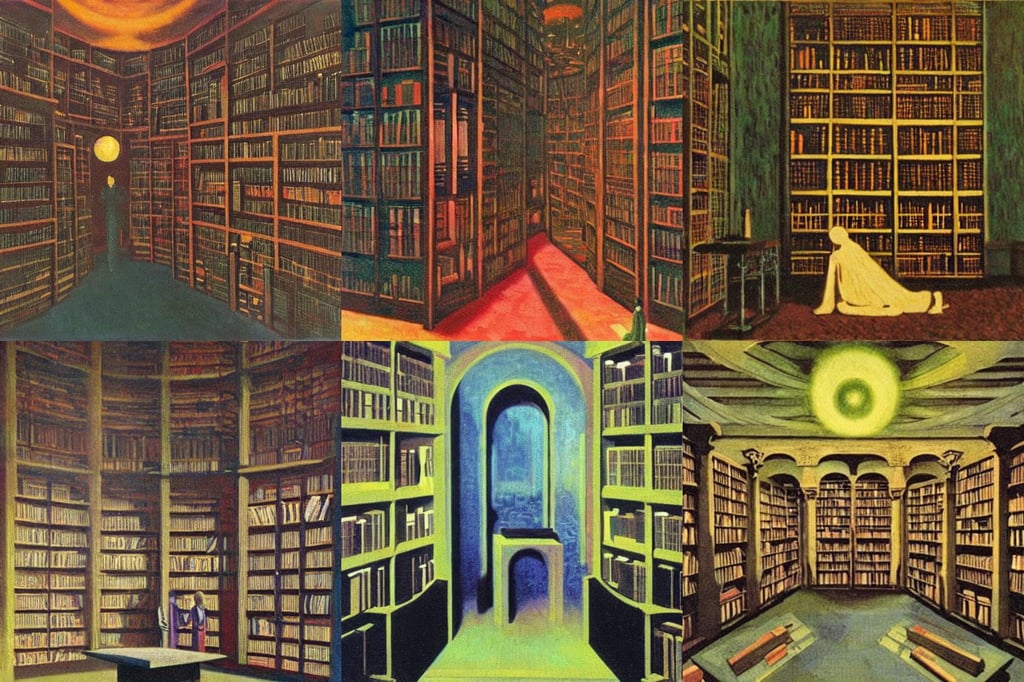 The sacred library by Karel Thole and Claude Monet, oil on canvas