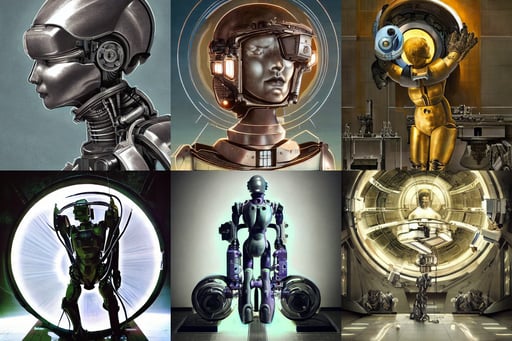 futuristic heavy industrial robots, dramatic atmospheric lighting, art by Michelangelo Buonarroti, art by Raffaello Sanzio, halo of light in the head, Art Deco, art by Andy Warhol, art by Giotto Di Bondone, character creation, outerspace