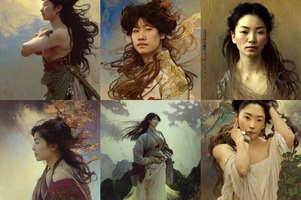 “A portrait of an army general, Hiroshi Yoshida and Craig Mullins, beautiful ethnic woman with flowing hair, 1 8 9 0, by antonio j. manzanedo, made of thick swirling smoke, on a cliff!!!!!, by ( ( ( ( ( alphonse mucha ) ) ) ) ). trending on artstation, petals, flat surrealist artwork.