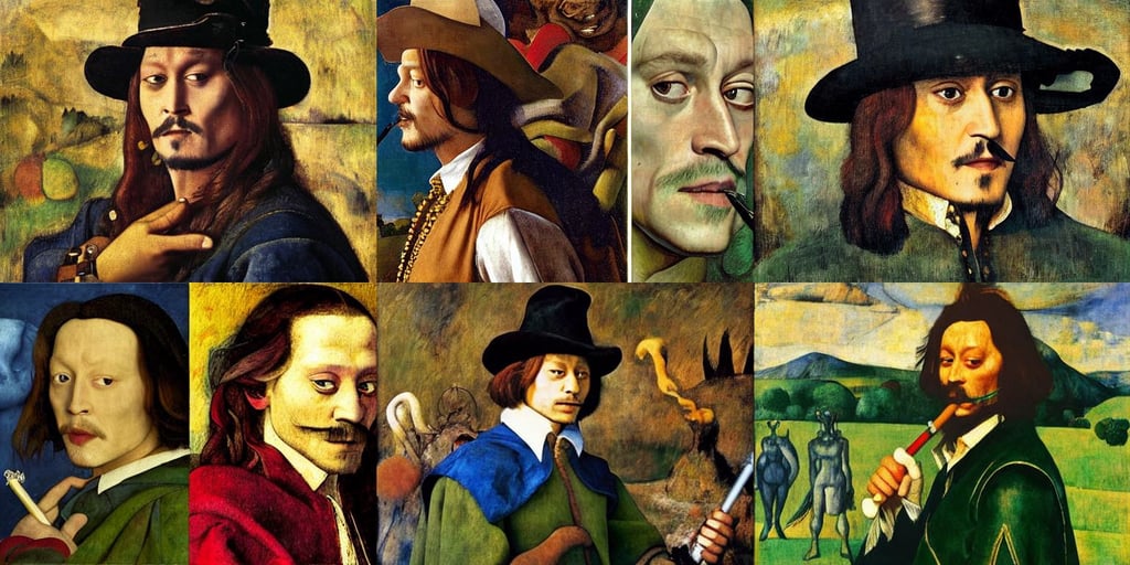 johnny depp smoking as Loki, art by Jan Van Eyck, art by Andrea Mantegna, moon, The Terminator, granblue fantasy, art by Johannes Vermeer, art by Joan Miró, art by Leonardo Da Vinci, art by Paul Gauguin, art by Gerhard Richter