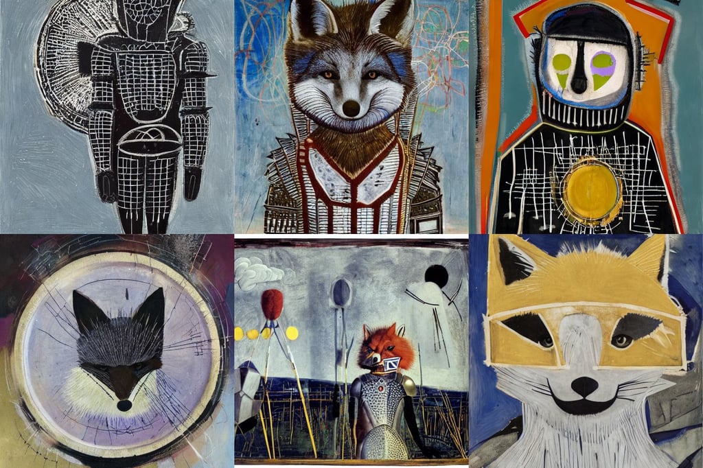 a fox went out on a chilly night, binary code, wearing white gothic_plate_armour, black grass, 4k, art by Andrea Mantegna, dramatic clouds, art by Jean-michel Basquiat, art by Hilma Af Klint, roaring, art by Piero Della Francesca, trending on artstation, art by Andy Warhol, Ultra HD, art by Marcel Duchamp, art by Francis Bacon, Full body image