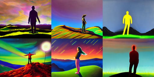 a painting of a person standing on top of a hill, 4k hd, realistic proportions, 2 8 8 5 1 1 6 2 1, hightechnology neon stellar