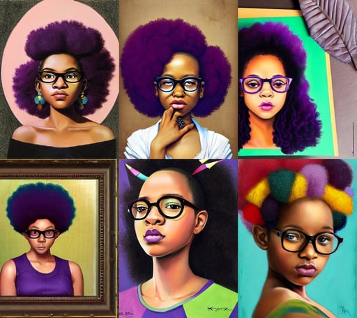 symmetry!!! a young black girl with a colorful afro and glasses, art masterpiece by art by krenz cushart, purple adornments, a character portrait by pogus caesar, dark pin-up style hair, foliage