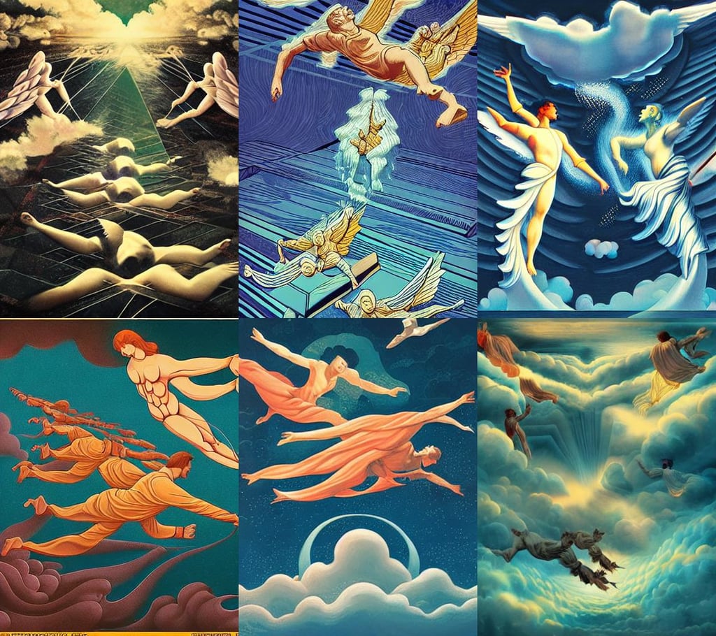 multiple ethereal heaven angels swimming in the cloud in acrobatic poses, petros afshar, and edvard escher guay, brutal battle