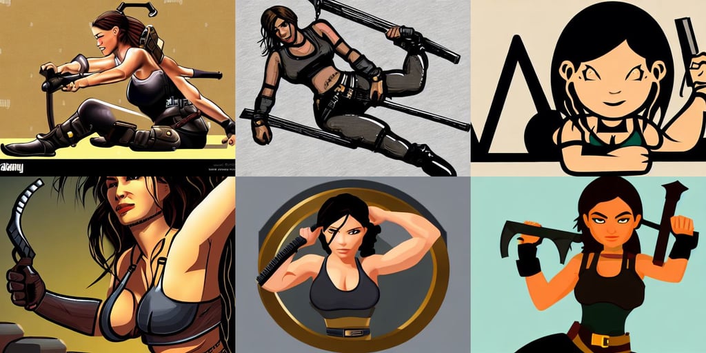 Lara croft as blacksmith, laying down, vector art, rounded eyes