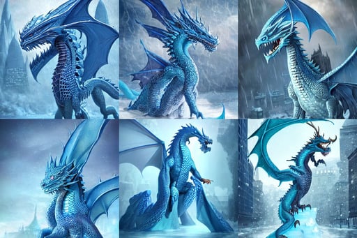 Beautiful scaly blue dragon in a snowy city made of water and ice, perfect body, long blue cape, long flowy hair, high towers, transparent inflatable structures. trending on artstation.