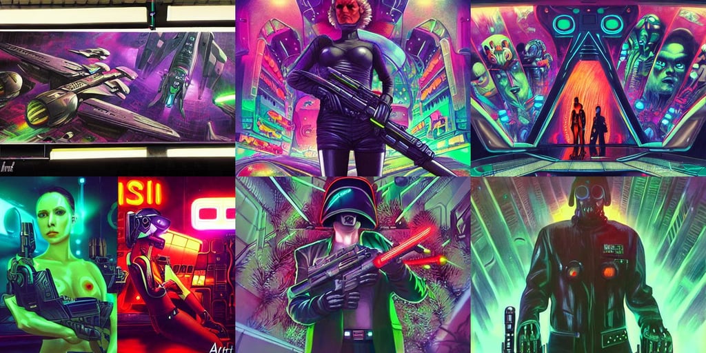 spaceship fleet, hands hidden, vibrantly lush neon lighting, Blade Runner, Sith, in policeman suit with massive gun in the hand, fantasy. artwork by artgerm, in the wastelands, devilish, body covered in floral tattoos