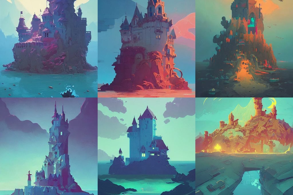 a castle in a stunning sea by Anton Fadeev and Simon Stalenhag, royal - blue, tech, concept art illustration, (ocean), crumbling, race style, art by ruan jia and greg rutkowski, close to night, sci - fi -, by alberto santiago and moebius and beeple, horroristic shadows, patron saint of evil, vampira, coherent detailed character design