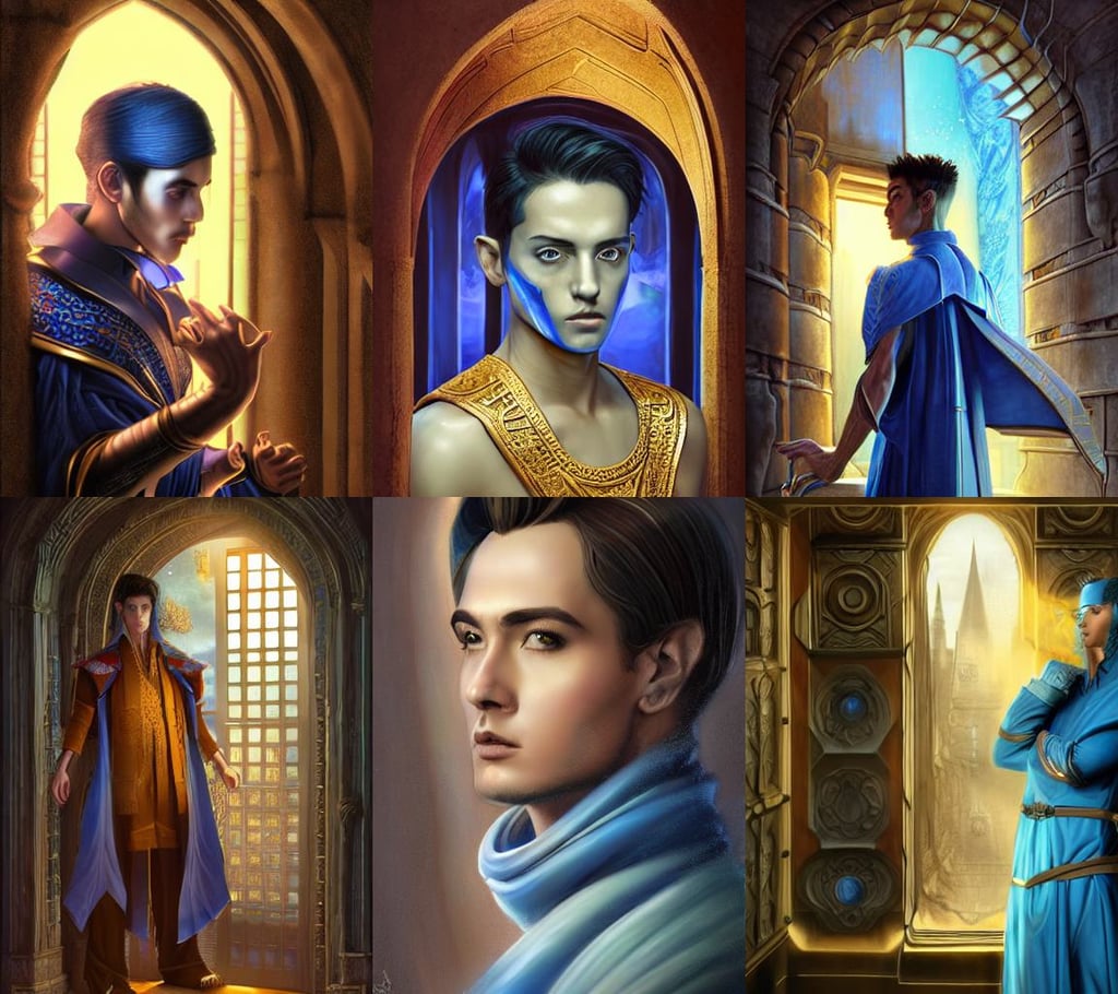 beautiful portrait of a handsome young male wizard wearing a fancy blue tunic, warm golden backlit, the supreme Archeologist, 4 k digital illustration by artgerm, contrast, matte drawing, symmetrical face and body, and edvard escher guay, cyberpunk darksynth, inside realism, many doorways, glamorous hairstyle, liang xing, Andreas Rocha, da vinci and alphonse mucha, and Yoshitaka Amano, tokyo landscape, violet spike smoke, cold and warm tones, RAW