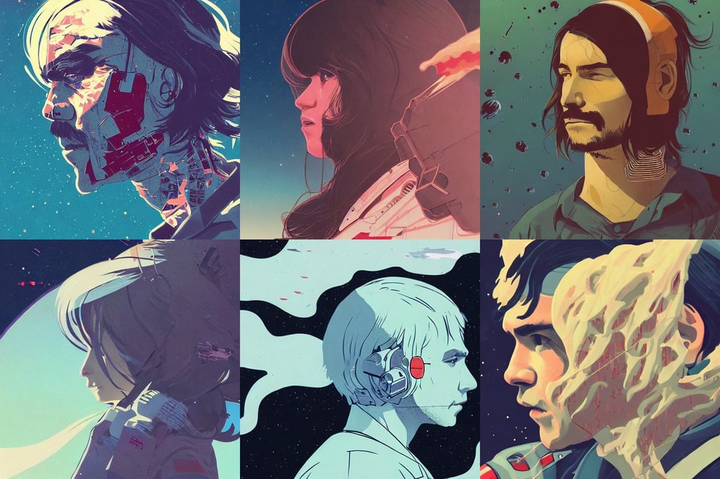 side profile of ilya kuvshinov with long hair, smoke : 5 by sachin teng x cookies, closeup view of a battle damaged space ship adrift in space