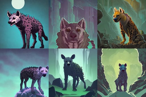 a hyena as loki, simon stalenhag symmetrical, a wyvern lurking in a dark swamp, cool tone gradient background, dnd card art, pillars of ice background