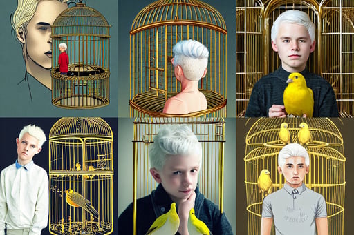 beautiful illustration of a boy with white hair looking at a golden bird cage, interesting details, portrait of a beautiful nordic woman, ssci-fi and fantasy, logotype, Kodak Portra, james gene, big guns, spires