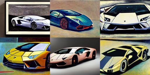 a Lamborghini designed by H. R. Giger, art by Kazimir Malevich, portrait, art by Jackson Pollock, art by Édouard Manet, art by Gerhard Richter