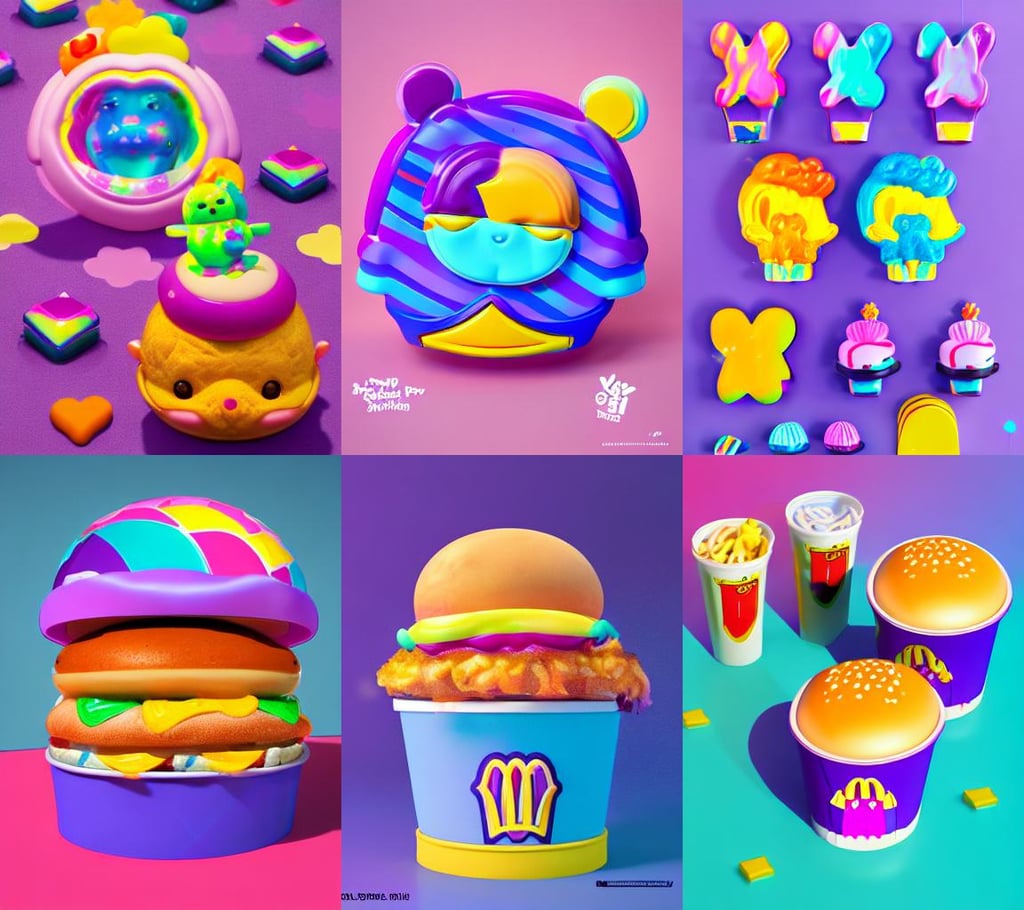 a lisa frank mcdonalds microwaved happymeal, floating pieces, Sanrio inspired. Beautiful artwork, blue color scheme, lilac, geometry, octane render artstation