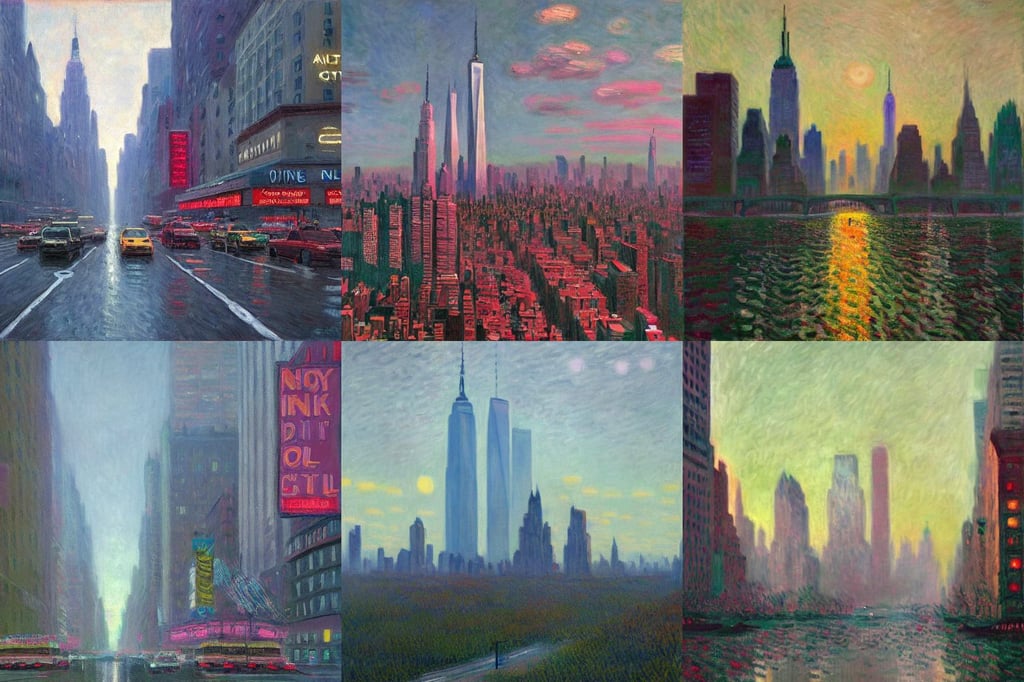 New York City by Simon Stålenhag and Claude Monet, oil on canvas