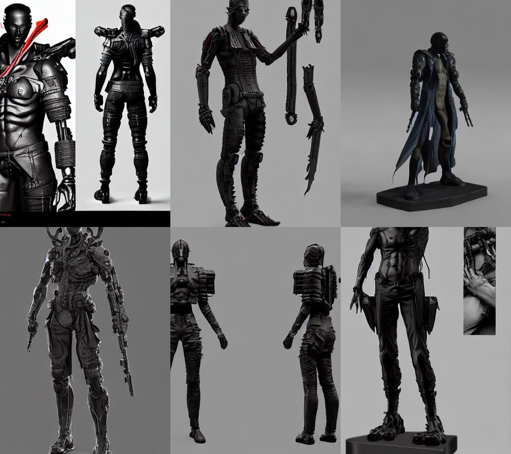 full-body cyberpunk style sculpture of a young handsome dark god of battle, colored ZBrush render, moody cinematic epic concept art, cry, key insect, Full Body, 8K post production, a woman controlling an x - wing, working at the library. In style of Yoji Shinkawa and Hyung-tae Kim, glamor profile pose