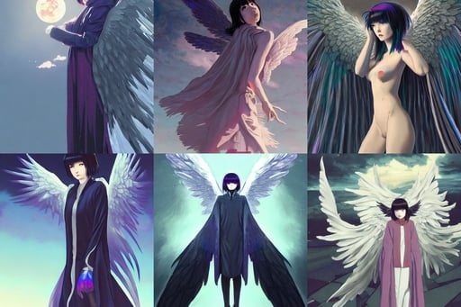 a robed angel with iridescent black raven wings, katsuhiro otomo ghost-in-the-shell, art by WLOP, digital painting by makoto shinkai, gabor szikszai, price winning, monster high, 4k post-processing highly detailed by wlop, by aoshima chiho, boris vallejo style, cloudy sky, night