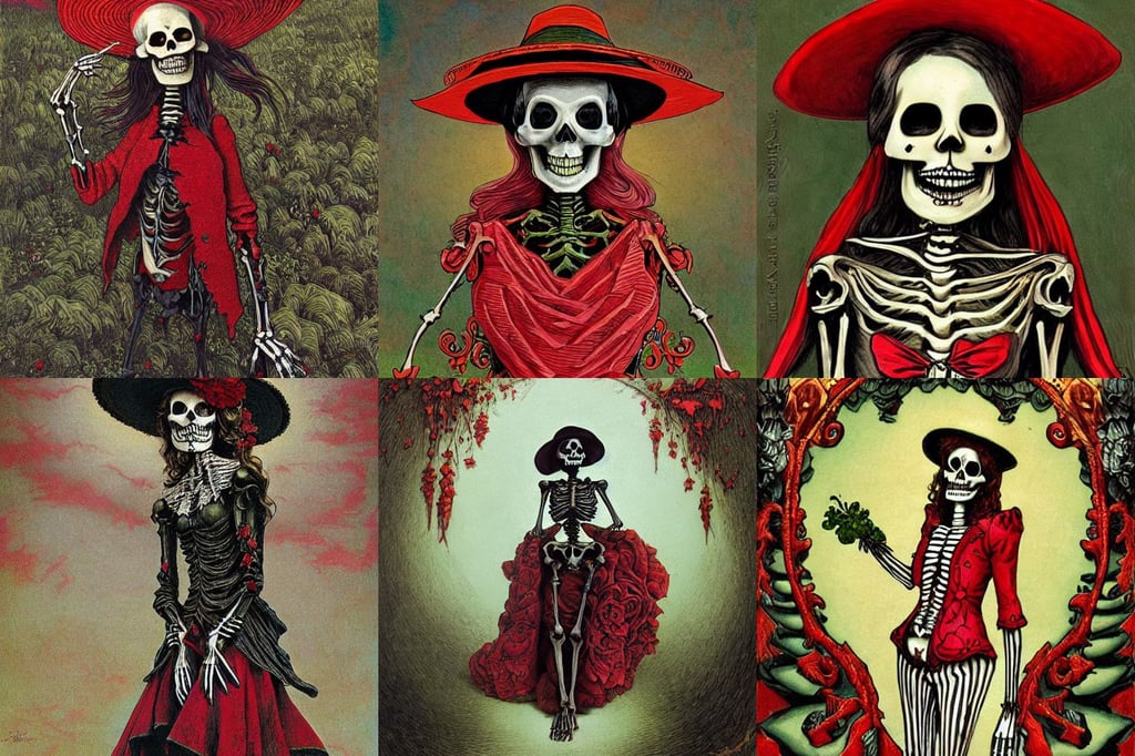 cute & beautiful smiling undead skeleton girl wearing a sombrero, rocky roads, Art Nouveau style, verdant, black and red suit, art by Gustave Dore