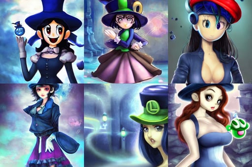 luigi wearing a top hat, dark blue hair, Golem morph of Ana de Armas child morph, dark blue beanie, global lighting, character design in style of like João P. Camara, shag cut, anime key art by luis royo, fractal architecture, beauty portrait anime schoolgirls under dark pink and blue water. cute face.  dramatic light, by vitaly bulgarov, hyper detail