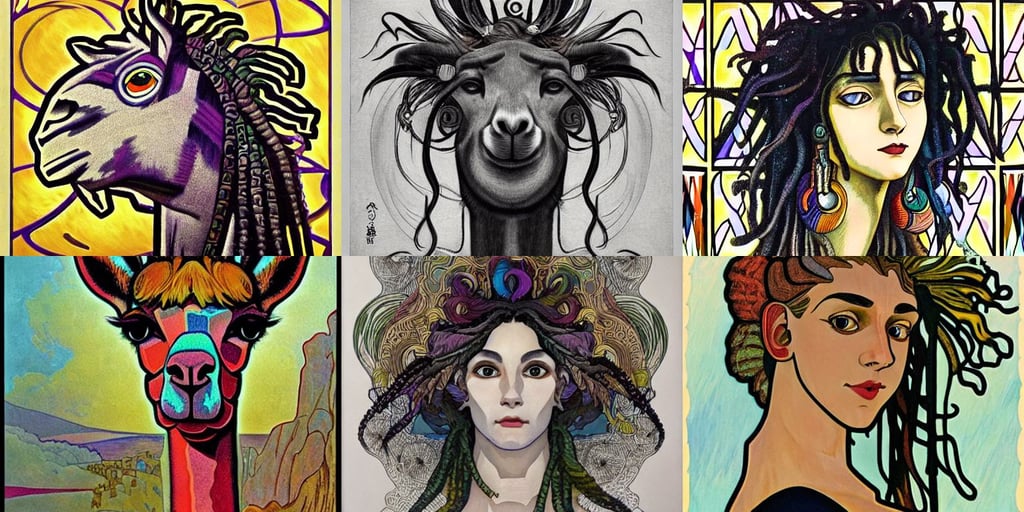 llama with dreadlocks, Metzinger, hyperrealistic mixed media painting of a, alphonse mucha and jungi ito, coquettish perfect face!! intricate, very fine inking lines, denoise