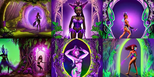 A beautiful maid wearing a fairy bikini posing in a magical forest, violet theme, framed, clean energy, facing a giant doorway opening with a neon purple light, ultra ornate detail, wakanda, male orc goblin rogue, by ali akbar sadeghi