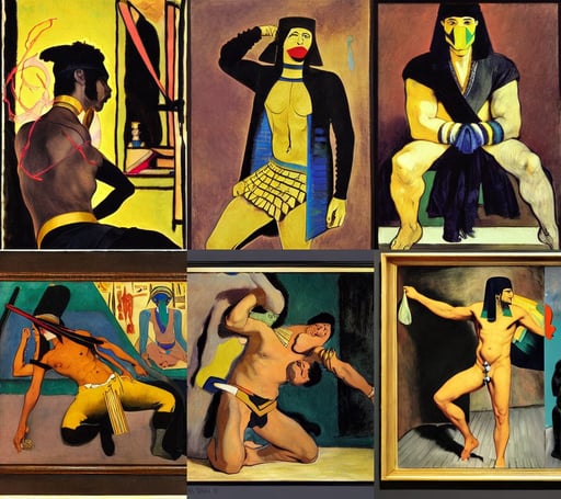 egyptian gods in modern times, Houdini-Render, full figure drawing, art by Édouard Manet, black and yellow shinobi shōzoku, art by Rembrandt Van Rijn, art by Wassily Kandinsky - Photo, spitting acid, Kodak portra 800