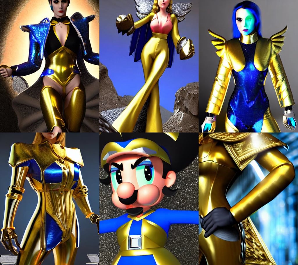 gigachad luigi wearing a suit in the mountain, she looks confused, angel knight girl in golden and silver armor adorned with sapphire gems, blue and black, highly detailed. trending on artstation, Unreal Engine render, techno rave poster