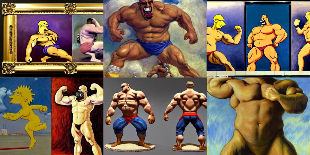 gigachad Homer Simpson bodybuilder fighting like street fighter, atomic bomb mushroom cloud by Miyazaki, art by Claude Monet, high octane render;, Accent Lighting, art by Francisco De Goya, dressed with white silk with gold ornaments in the edge, art by Jenny Saville, art by Edvard Munch, he uses them to make modifications | in the style of Peter Mohr..., art by Gustav Klimt, by Wētā FX, symmetrical, head-to-toe, grunge, art by Francis Bacon, intricate, liberty, cinematography