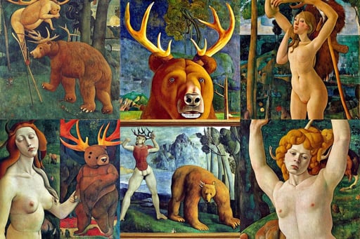 a giant bear with antlers nightmare, photo, art by Sandro Botticelli, f1.8, art by Paul Gauguin, art by Piet Mondrian, super-resolution, art by Raffaello Sanzio, ultra detailed, art by Tiziano Vecellio Di Gregorio, art by Eugène Delacroix, biomorphic, commission for, frazetta, art by Kazimir Malevich, creature xenomorph monster fetus