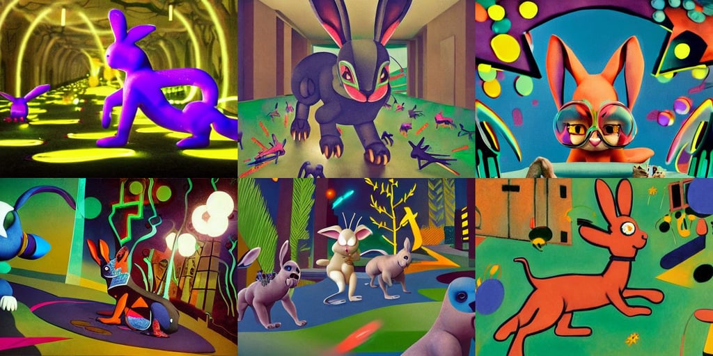 cyberpunk bunny being chased by hounds, cute, art by Henri Matisse, art by Michelangelo Buonarroti, ultra detailed, hyper detailed, pixar style, Bokeh, forest, art by Joan Miró, art by Paolo Uccello, big pecs, Octane render, ethereal lights fade from every room