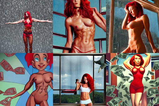 woman with tight abs and red hair, you can see through the window that it rains money bills, goofy, a radiant halo and wings