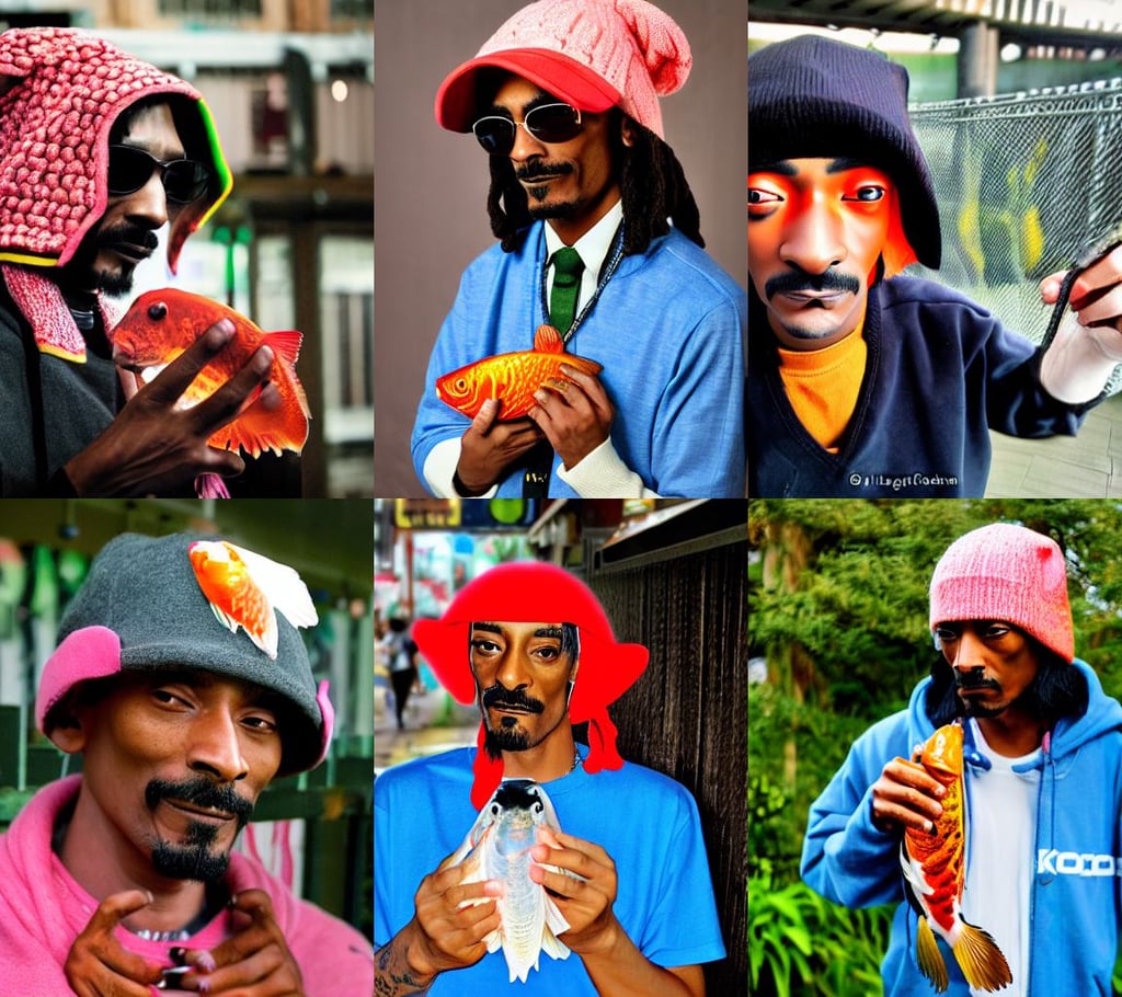 male cottagecore snoop dogg, bladerunner street, holding koi fish. light cute blush on face. glass fish hat. medium shot