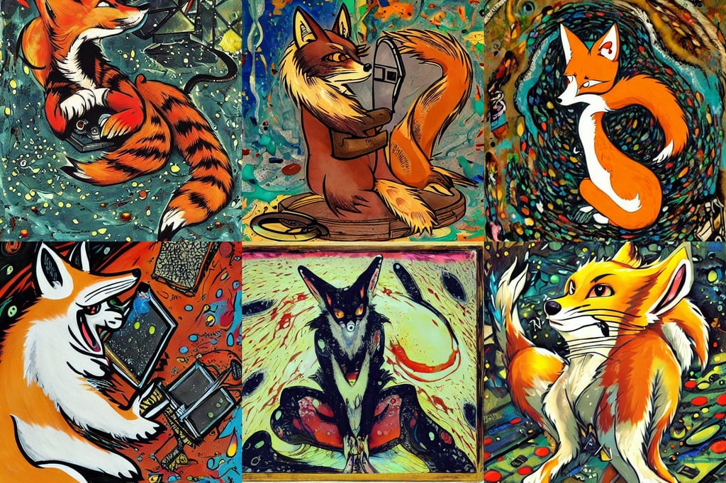 Kitsune fox furry kemono antrhopomorphic, huddling over a piece of ancient technology, art by Jackson Pollock, wet slimy, spectacular