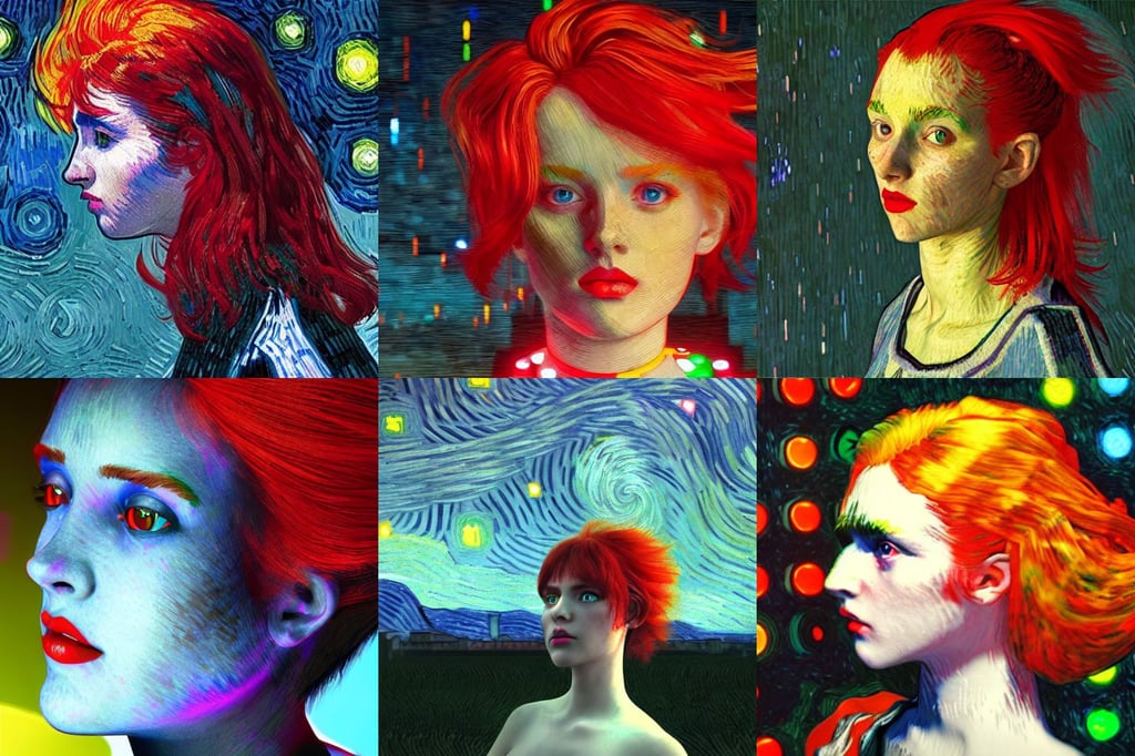 girl with red lite brite hair, art by Vincent Van Gogh, unreal engine, art by Eugène Delacroix, dramatic lighting