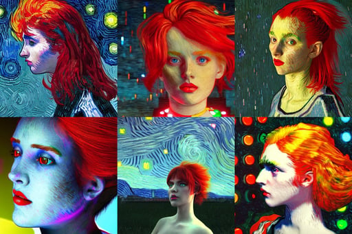 girl with red lite brite hair, art by Vincent Van Gogh, unreal engine, art by Eugène Delacroix, dramatic lighting