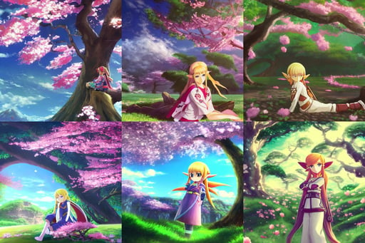 a planet that somewhat shaped like a skull, relaxing under a cherry blossom tree, oil painting anime key visual of zelda, procedural rendering, proko, very very very long curly blond hair