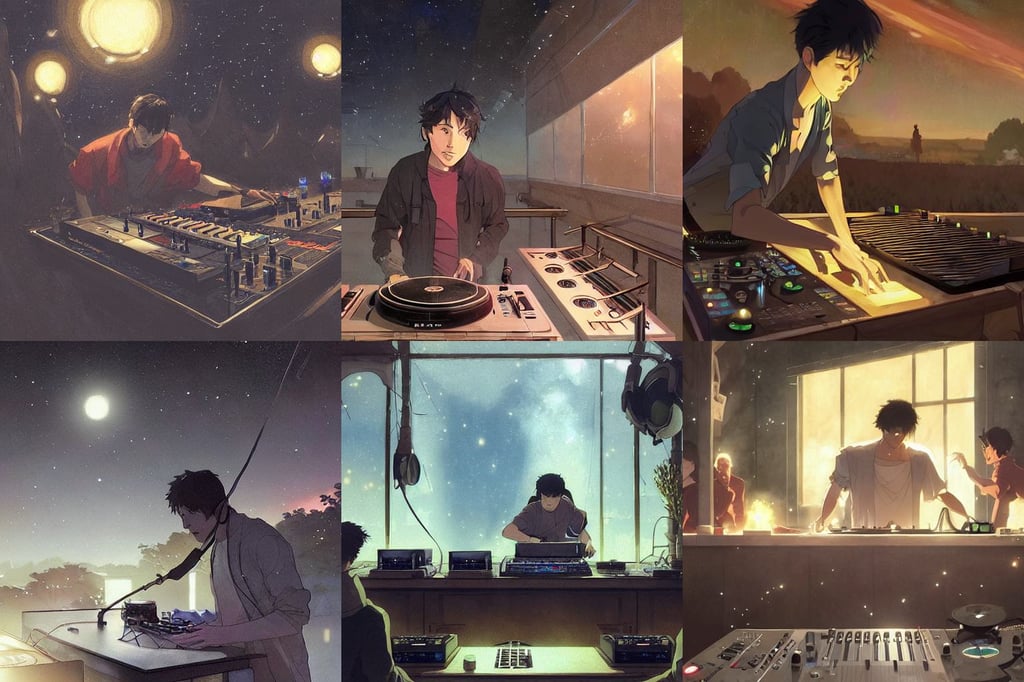 A man djing at night under the stars, digital painting by artgerm, sweaty and gross pioneer work, by greg rutkowski abigail larson makoto shinkai takashi takeuchi studio ghibli jamie wyeth, radiant lighting, in a burning coffee shop. ultra-detailed. Anime, painted by greg rutkowski makoto shinkai takashi takeuchi studio ghibli jamie wyeth, Tahm Kench league of legends character