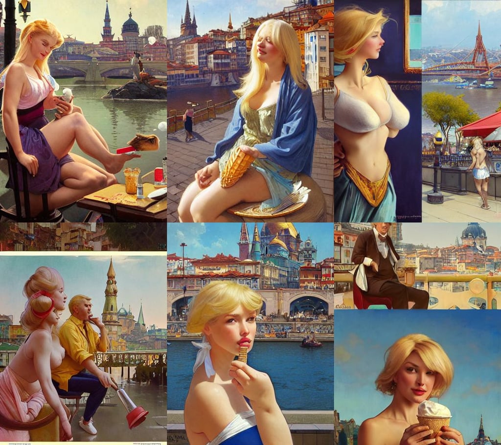 Portrait of a  blonde woman and Donald Duck eating ice creams in Porto, playground, art by wlop and artgerm and greg rutkowski and alphonse mucha, painting by gaston bussiere, Moskva skyline in background, heavily muscled anthropomorphic capybara, greg rutkowski and krenz cushart