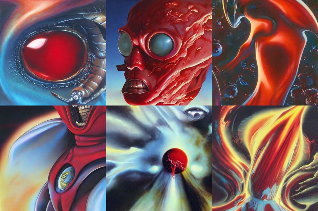 hyper realistic super macro blood on tar, art by Boris Vallejo, cyber space cowboy, by studio ghibli painting