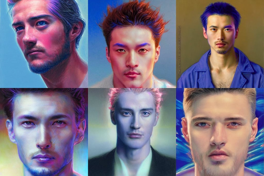 clear portrait of a european attractive men, sun light rays, yang qi, deep royal blue and pink color scheme, macro head shot, portrait art by Donato Giancola and James Gurney, Scientist, electricity, monotone colour palette